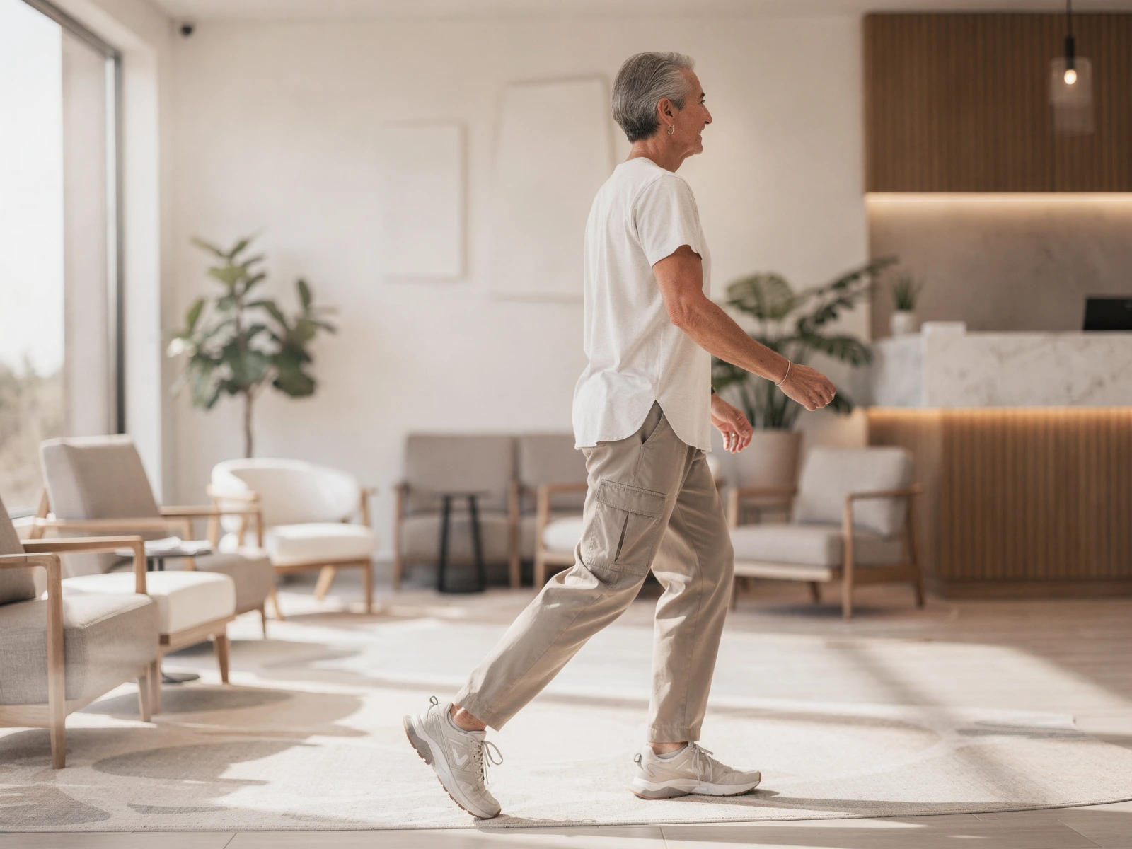 Older man jogging through a modern clinic waiting room with plants and contemporary furniture